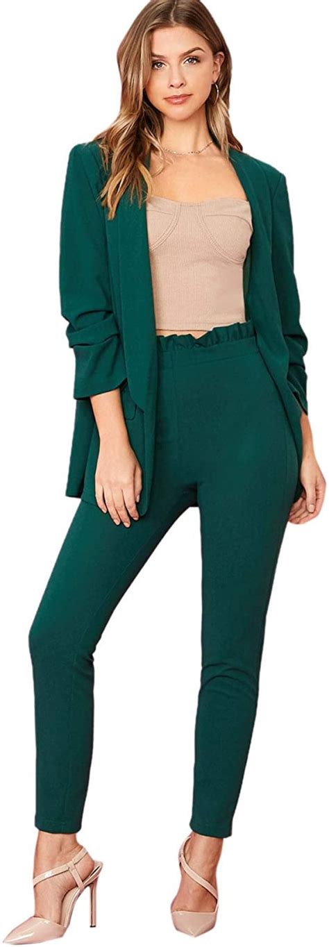 Shein Womens Two Piece Open Front Long Sleeve Blazer And Elastic Waist