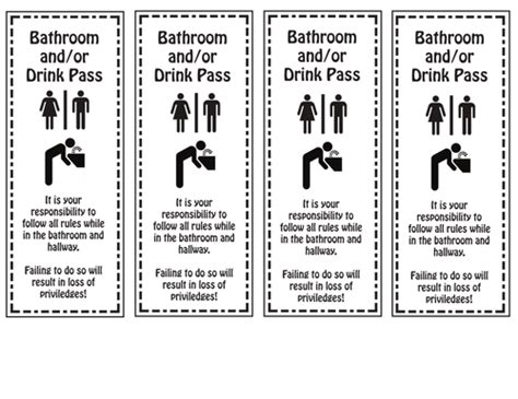 Bathroom Drink Passes 4 Passes Per Sheet Teaching Resources