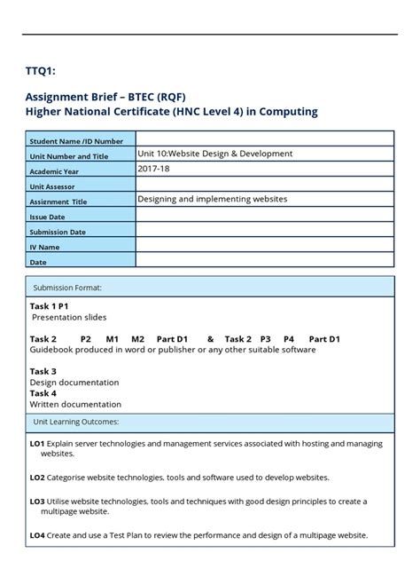 Ttq1 Assignment Brief Btec Rqf Higher National Certificate Hnc