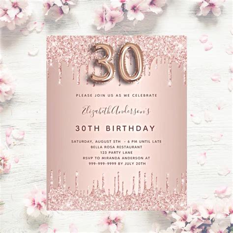 30th Birthday Rose Gold Glitter Pink Luxury Invitation Postcard Zazzle