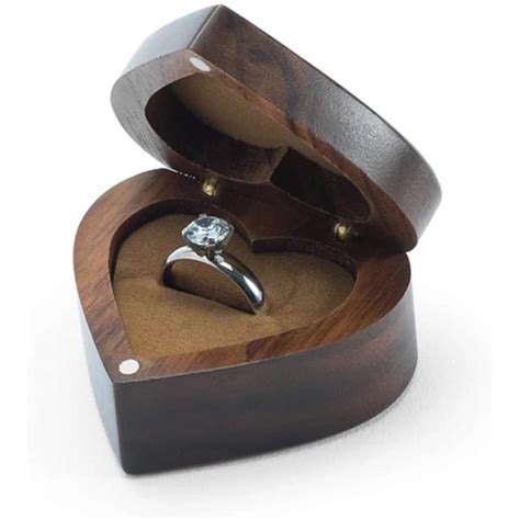 Wooden Ring Box Engagement Heart Shaped Proposal Bridal Wedding Ceremony Black Walnut Wood