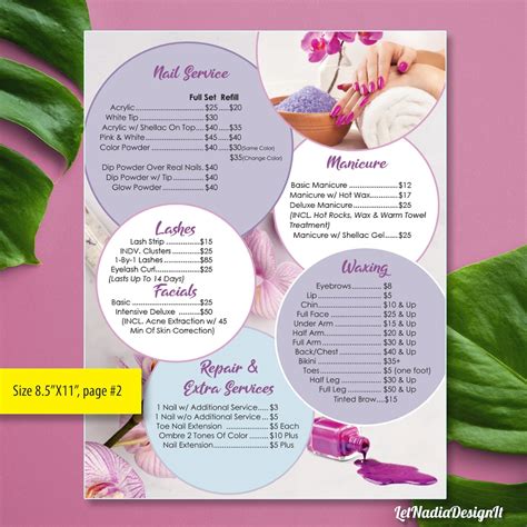 4 Page Nail Salon Menu Nail Salon Price List Pedicure Manicure Waxing