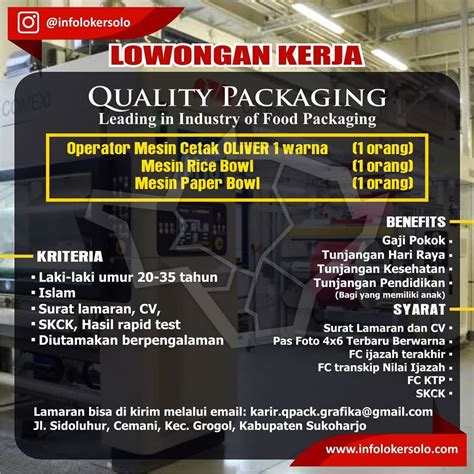 Lowongan Kerja Operator Mesin Quality Packaging Terbaru Info Loker Solo