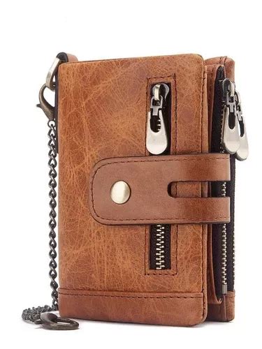 Cartera De Cuero Genuino Para Hombre Con Cadena Antirrobo W Meses Sin