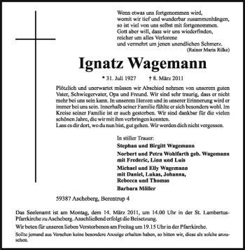 Traueranzeigen Von Ignatz Wagemann Trauer Ms