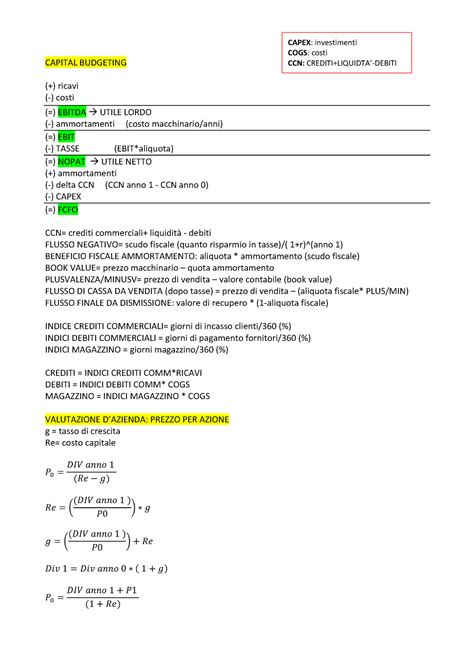 Formulario Capital Budgeting Ricavi Costi Ebitda Utile