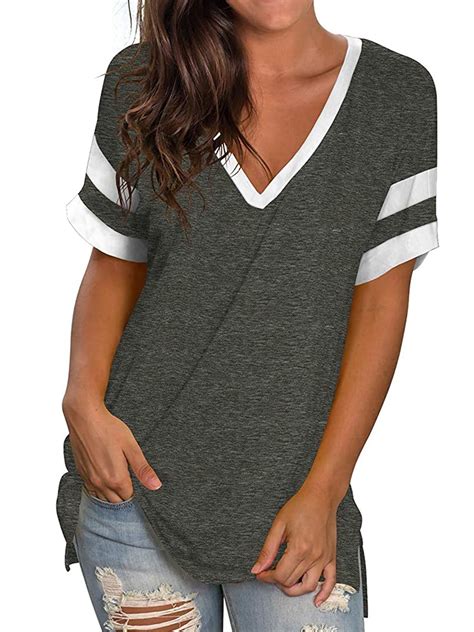 Lumento Womens Tops Striped Short Sleeve V Neck Tee T Shirts Side Split