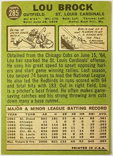 Lou Brock Topps St Louis Cardinals Baseball Card Kbk Sports