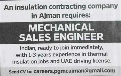 Mechanical Sales Engineer Ajman Uae Gulf Career Hunt