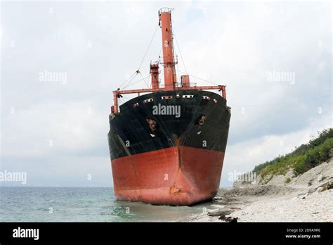 Dry Cargo Ship Ran Aground Near The Shore Old Abandoned Ship Standing