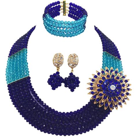 Fashion Royal Blue Lake Blue Nigerian Wedding Beads Statement Necklace African Jewelry Set For