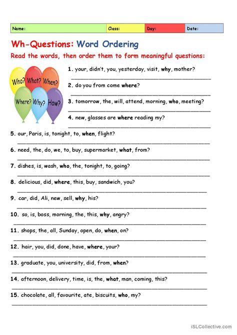 Wh Questions Word Ordering Creativ English Esl Worksheets Pdf And Doc