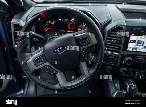 Ukraine, Odessa July 8 - 2021: Ford F-350 car interior. A steering ...