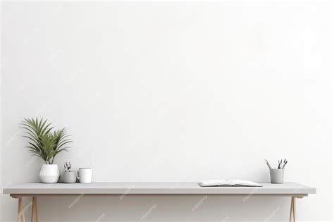 Premium Photo | A white desk with plants on it and a white wall behind them.