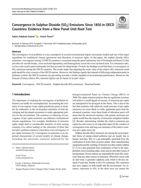 Convergence In Sulphur Dioxide So2 Emissions Since 1850 In Oecd Countries Evidence From A New