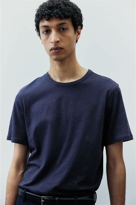 Regular Fit Linen Blend T Shirt Round Neck Short Sleeve Navy Blue