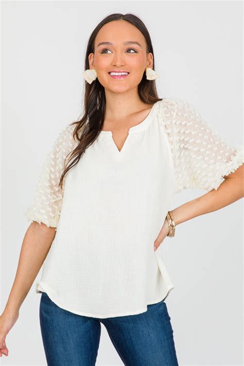 Textured Sleeves Gauze Top Cream New Arrivals The Blue Door Boutique