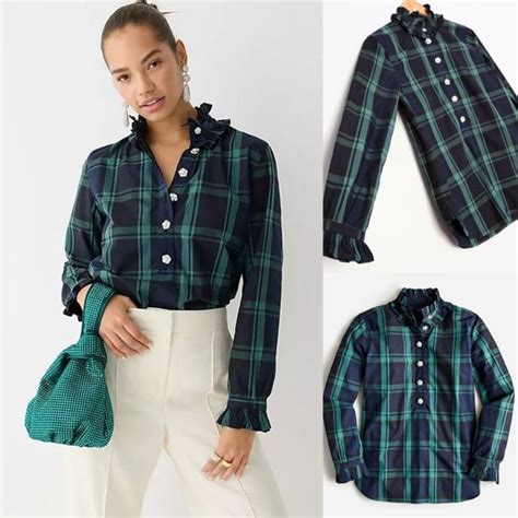 J Crew Tops J Crew Classicfit Ruffleneck Popover Shirt 2 Tartan