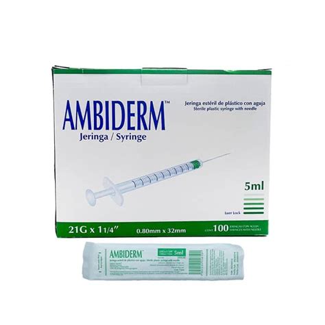 Jeringa De 5 Ml Verde 21G X 32 Mm Ambiderm Con 100 Piezas Bacmedical