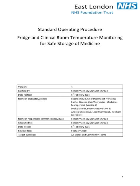 Fillable Online Standard Operating Procedure Fridge And Clinical Room