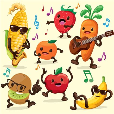 Premium Vector | Fruits and veggies singing and dancing