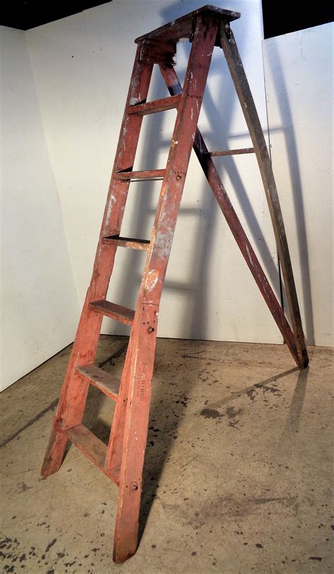 Antique A Frame Apple Orchard Ladder Original Red Paint For Sale at 1stDibs