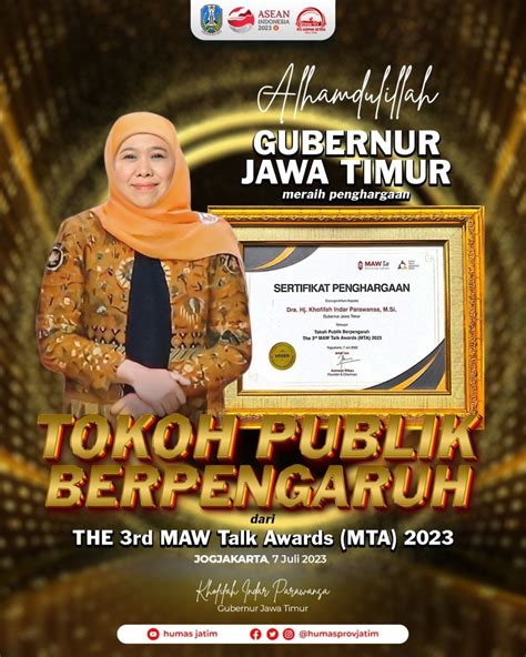 Gubernur Khofifah Raih Penghargaan Tokoh Publik Berpengaruh Di The Rd