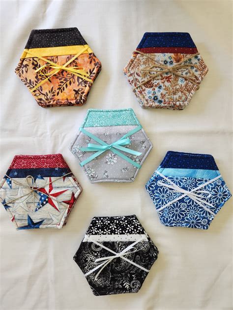 Quilted Hexagon Coasters, Hexagon Coasters, Set of 4 Coasters, Quilted ...