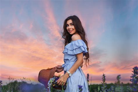 Brunette Dress Smile Brown Eyes Girl Woman Model Flower Long