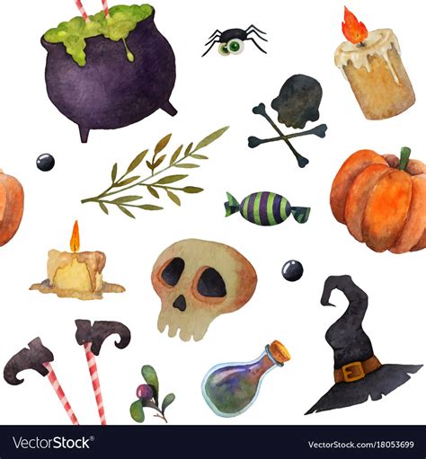 Halloween Scary Elements Seamless Watercolor Vector Image