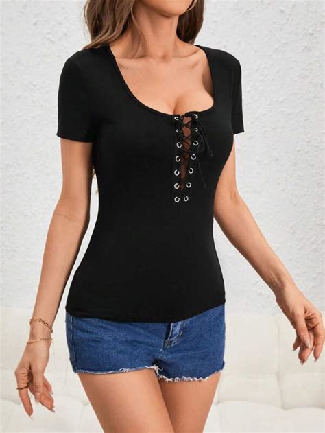 Shein Essnce Lace Up Front Tee Shein Usa