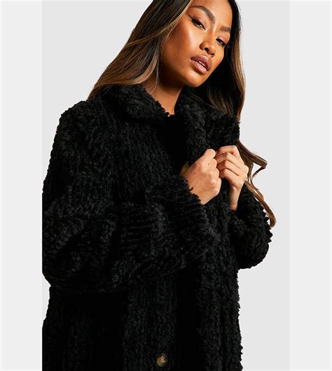 Buy Boohoo Textured Faux Fur Double Breasted Coat In Black 6thstreet Oman