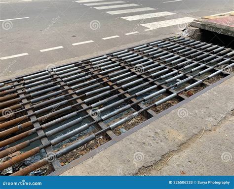 Road Drainage Metal Grill Drain Cover With Autumn Maple Leaves Stock