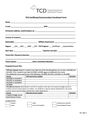 Fillable Online Tcd Ufl Tcd Certificateconcentration Enrolment Form Fax