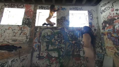 Risky Public Nudity Hot Girls On Vacation Spray Painting Graffiti