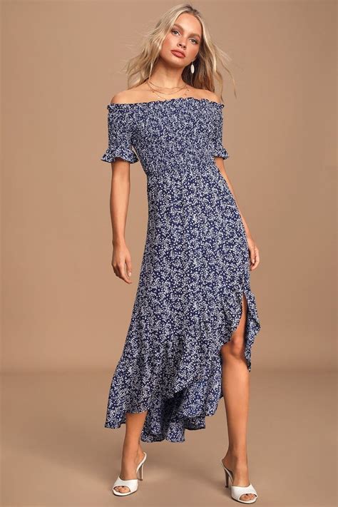 Fleur Tation Navy Blue Floral Print Off The Shoulder Midi Dress Blue