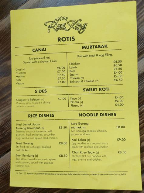 Menu at Roti King restaurant, London, Euston