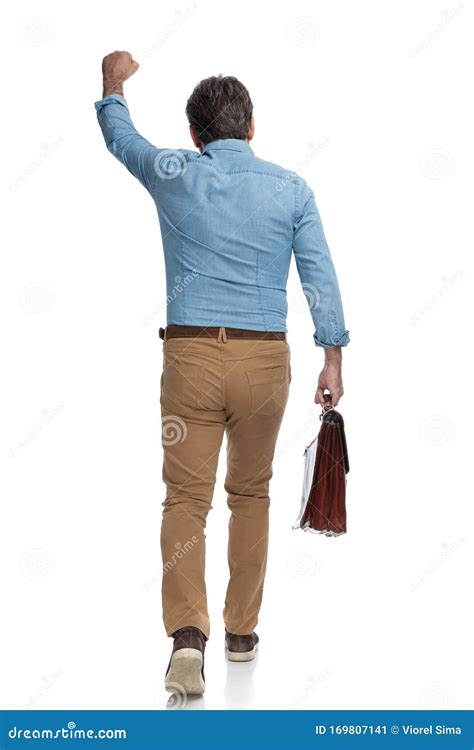 Rear View Of A Positive Casual Man Celebrating Stock Image Image Of