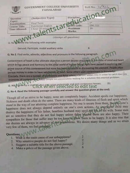 Bs English Gcuf Past Papers For Affiliated Colleges Talent Star