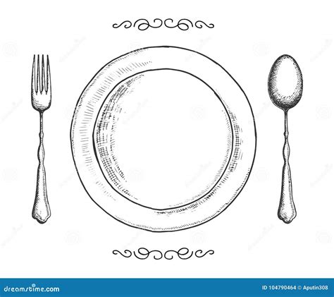 Cutlery Fork Spoon and Plate Vector Sketch. Hand Drawing Stock Vector ...