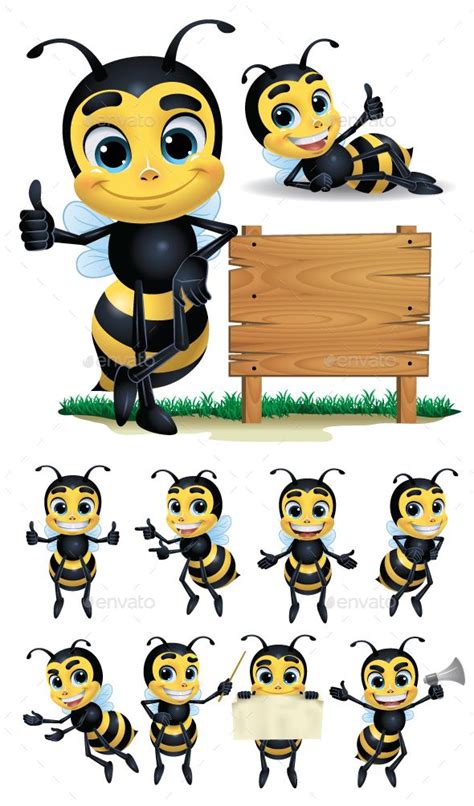 Bee Cartoon Character With 10 Poses Cartoon Bee Bee Illustration