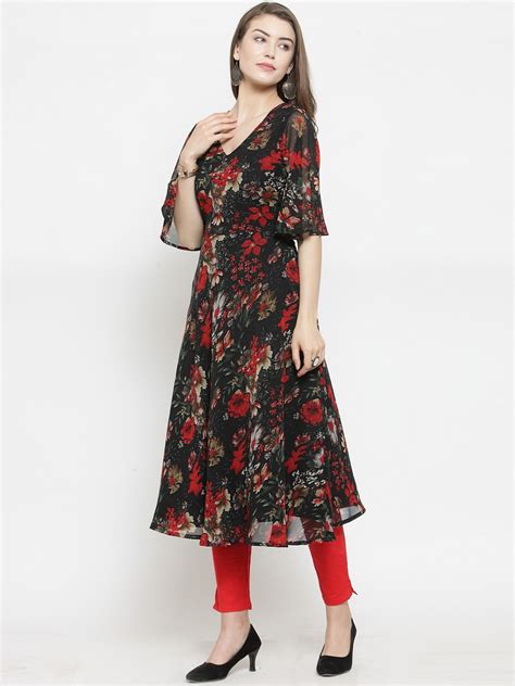 Buy Jompers Women Black And Red Floral Print A Line Kurta Kurtas For Women 9295189 Myntra