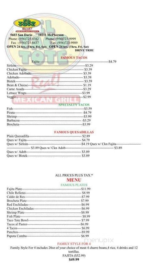 Menu Of El Taco Tote Oficinas In Laredo Tx 78041