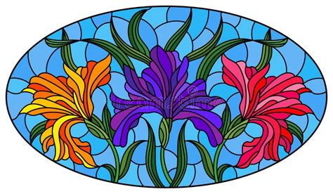 Stained Glass Illustration With Bouquet Of Irises Flowers Buds And Leaves On Blue Background