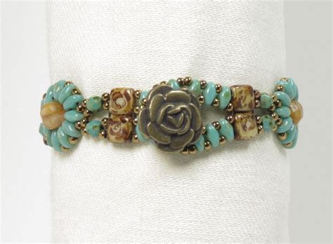 Superduo Czechmate Tile Flower Bracelet Turquoise Picasso Etsy Flower Bracelet Beaded