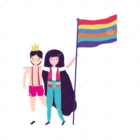 Pride Parade Lgbt Community Man And Woman With Crown And Flag Stock