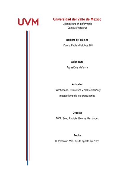 Cuestionario Protozoarios Universidad Del Valle De M Xico