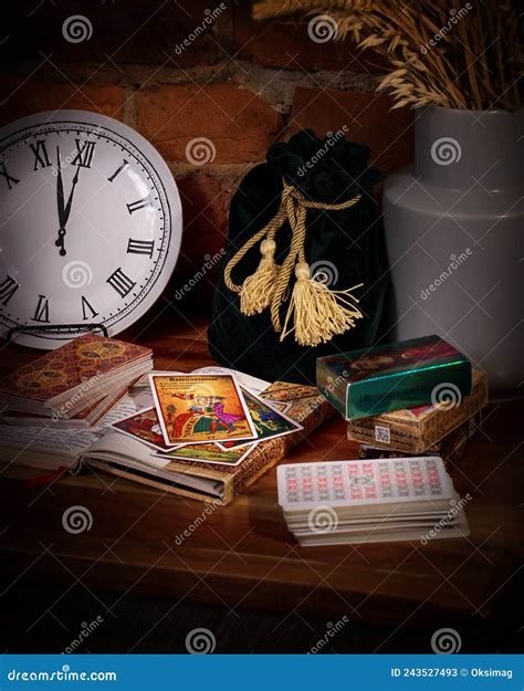 Blurred Predictions Background Tarot Cards Layout On Witch Table Stock