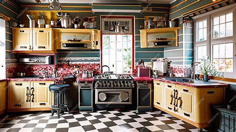 Premium AI Image | Retro diner style kitchen with a checkerboard floor and vintage appliances