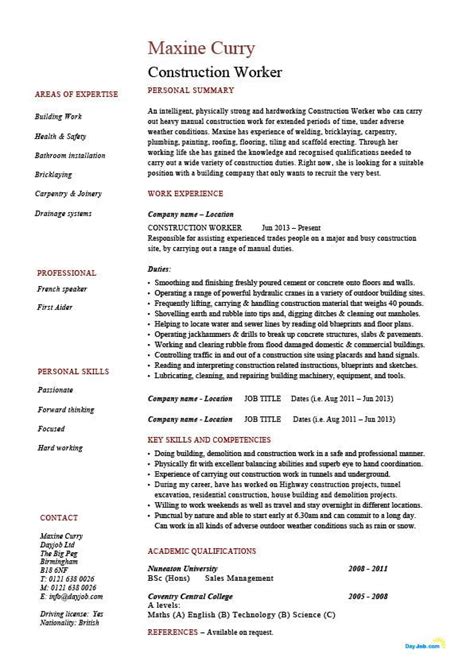 Resume Format For Construction Worker